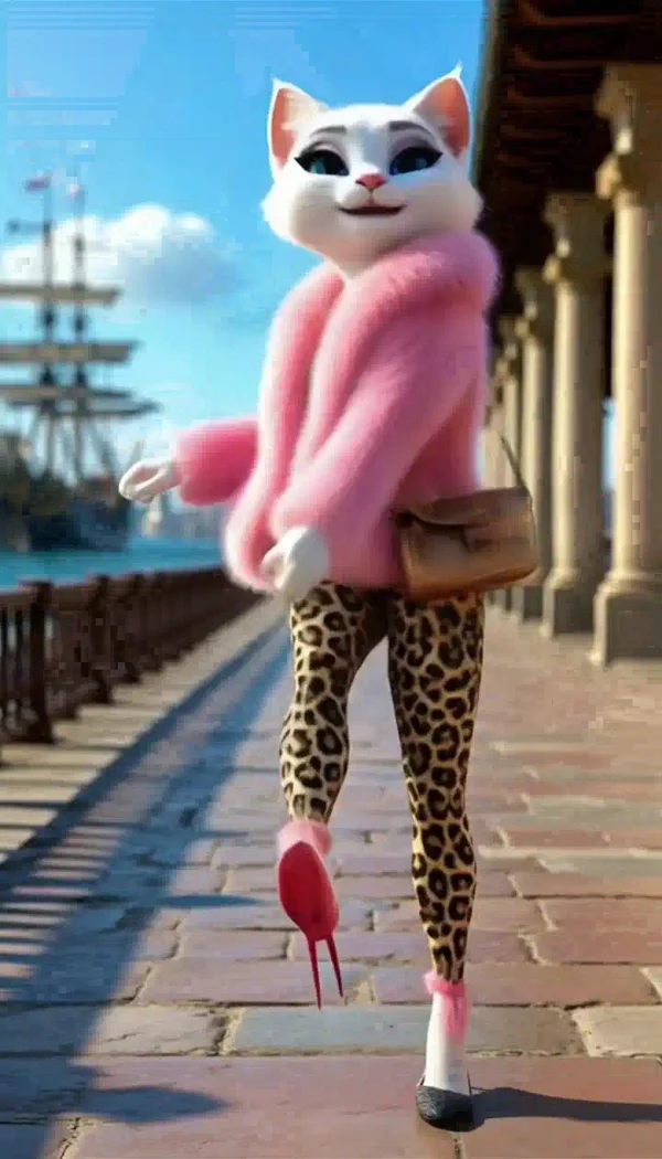 An animated white cat dancing in a pink jacket